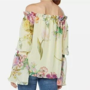 Pastel yellow Floral Women's Top long sleeve flow smocked Chiffon Fairy Bishop